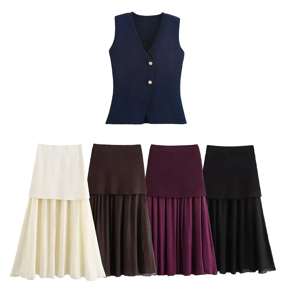 بدلة نسائية أنيقة جديدة أنيقة برقبة على شكل حرف V وزر ذهبي محبوك صدرية نسائية متماسكة صدرية نسائية تنورة طويلة مزخرفة مجعدة تنورة طويلة مزخرفة على طراز الشارع أنيقة نسائية أنيقة INS مدون مدون نفس الموديلات