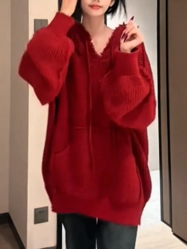 

Korean Design Tassel Hooded Knitwear Women's Faionable Versatile Slimming Top Large Size Autumn New Arrival Snow Dr