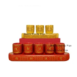 3 Altar Cups Set/5 Altar Cups Set, Ceramic Holy Water Offering Cup, Tibetan Buddhist Worship Cup (Red /Yellow)