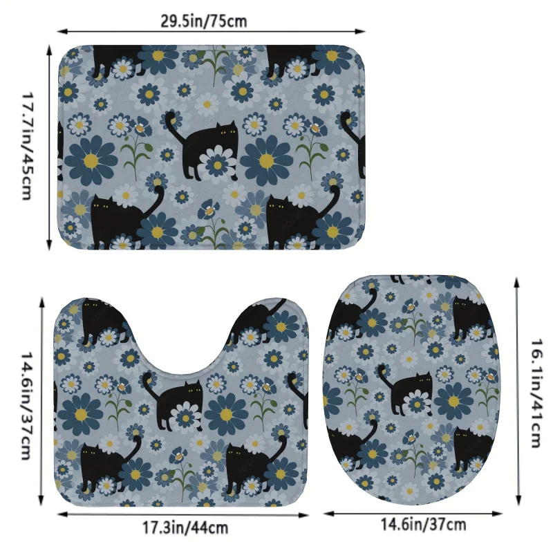 Black Cat Pattern 3-Piece Bath Rug Set, Soft Absorbent Bathroom Mats, Non-Slip Toilet U-Shape Contour Mat, Lid Cover, Low Pile M