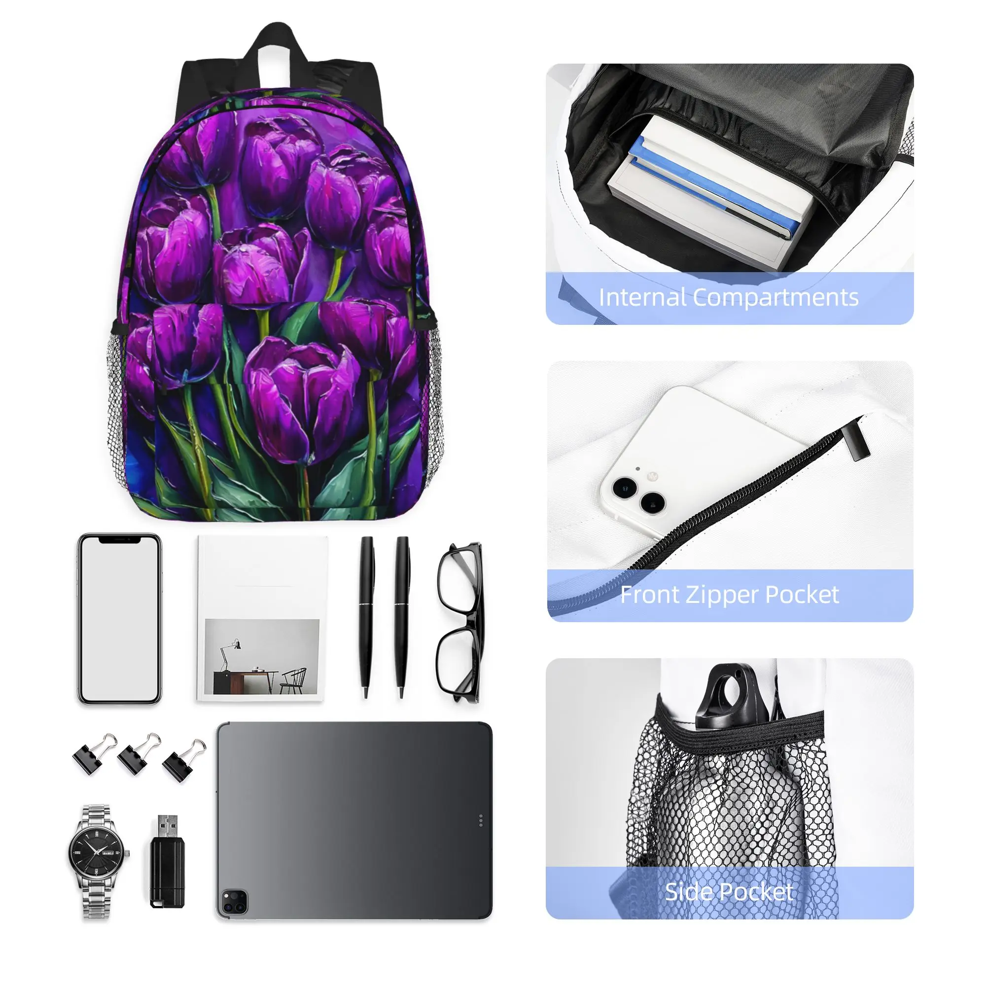 Purple Tulip Oil Painting Print Backpack Hot Sale Daypack Large Capacity Boy Girl BookBag Shoulder Bags for Men Women School Bag
