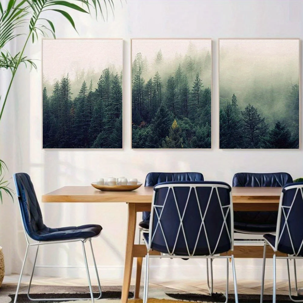 2D Flat, 2D Flat, Set of 3 Unframed Canvas Prints Featuring an Aerial Perspective of Pine Trees Shrouded in Mist, Showcasing