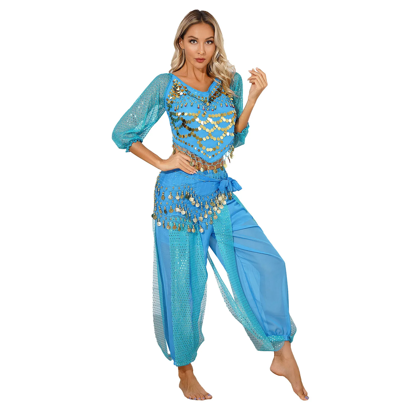 女性のへこみの衣装、ハロウィーンのロールプレイ、カーニバル、ステージパフォーマンスのコスチューム、ビーズ、ベル、トップ、ハーレムパンツ、ヒップスカーフセット