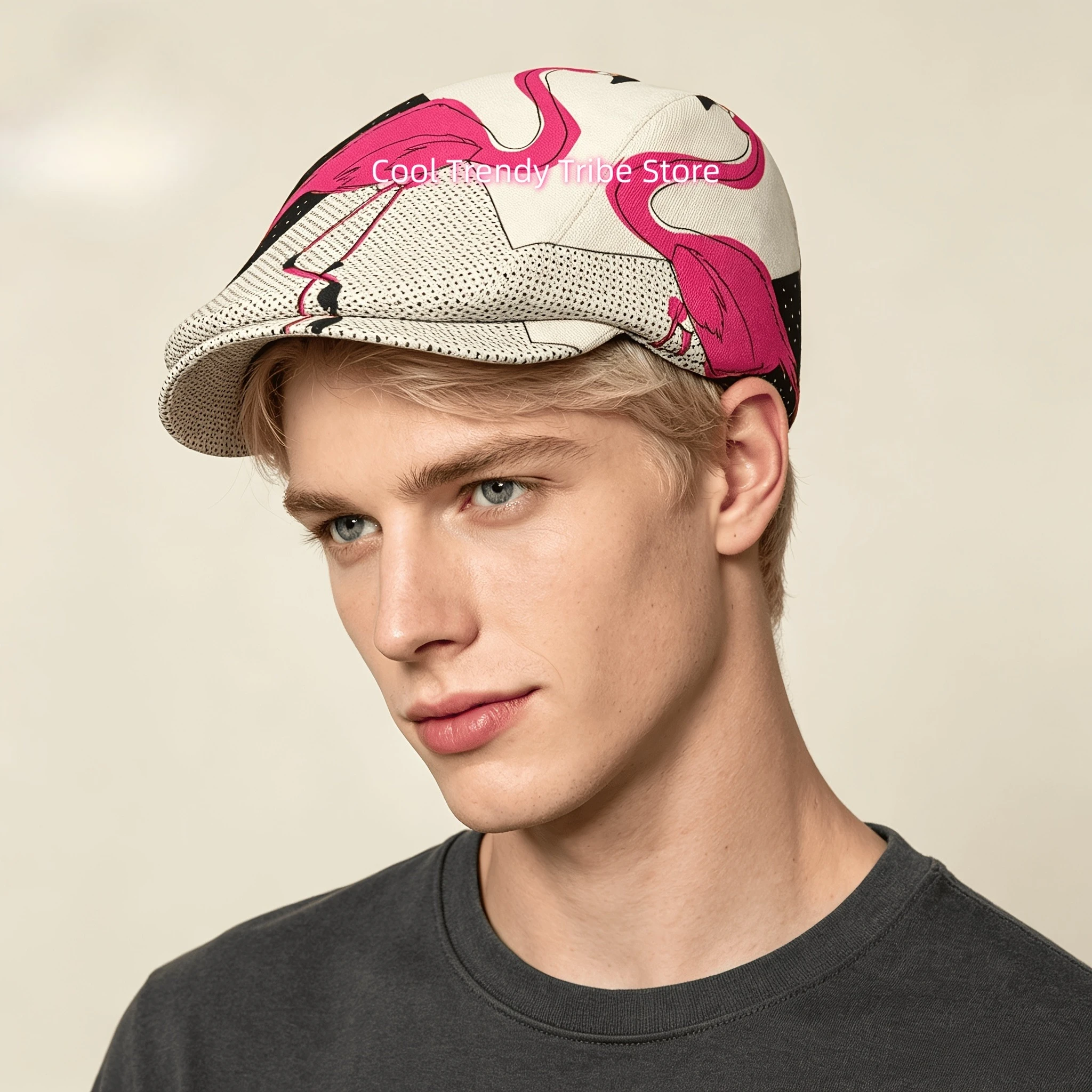 Pink Flamingo Retro Art 1pc All-over Print Flat-top Hats for Men and Women, Newsboy Caps, Berets, Irish Hats, Driver Caps, Men's