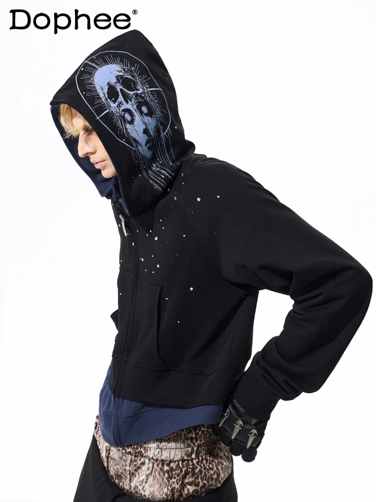 

Men's 2025 Autumn New High-End Boys' Rhinestone Diagonal Zipper Printed Jackets Faux Two-Piece Double-Layer Hooded Sweatshirts