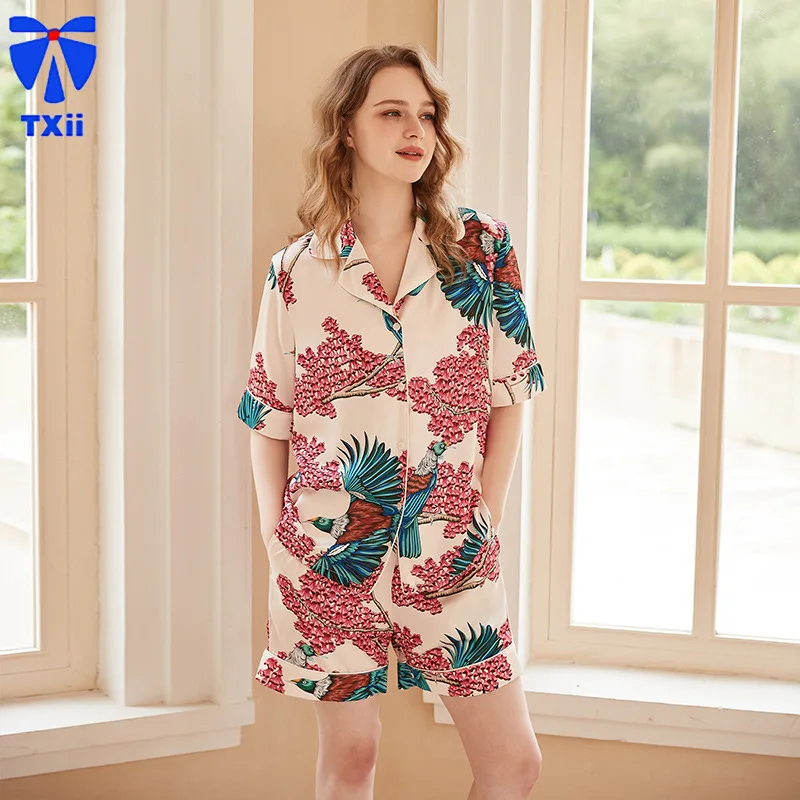 [Flowers and birds] New Pajamas Women's Summer Short-sleeved Shorts Ice Silk suit Sweet Cute Cartoon Home Clothes