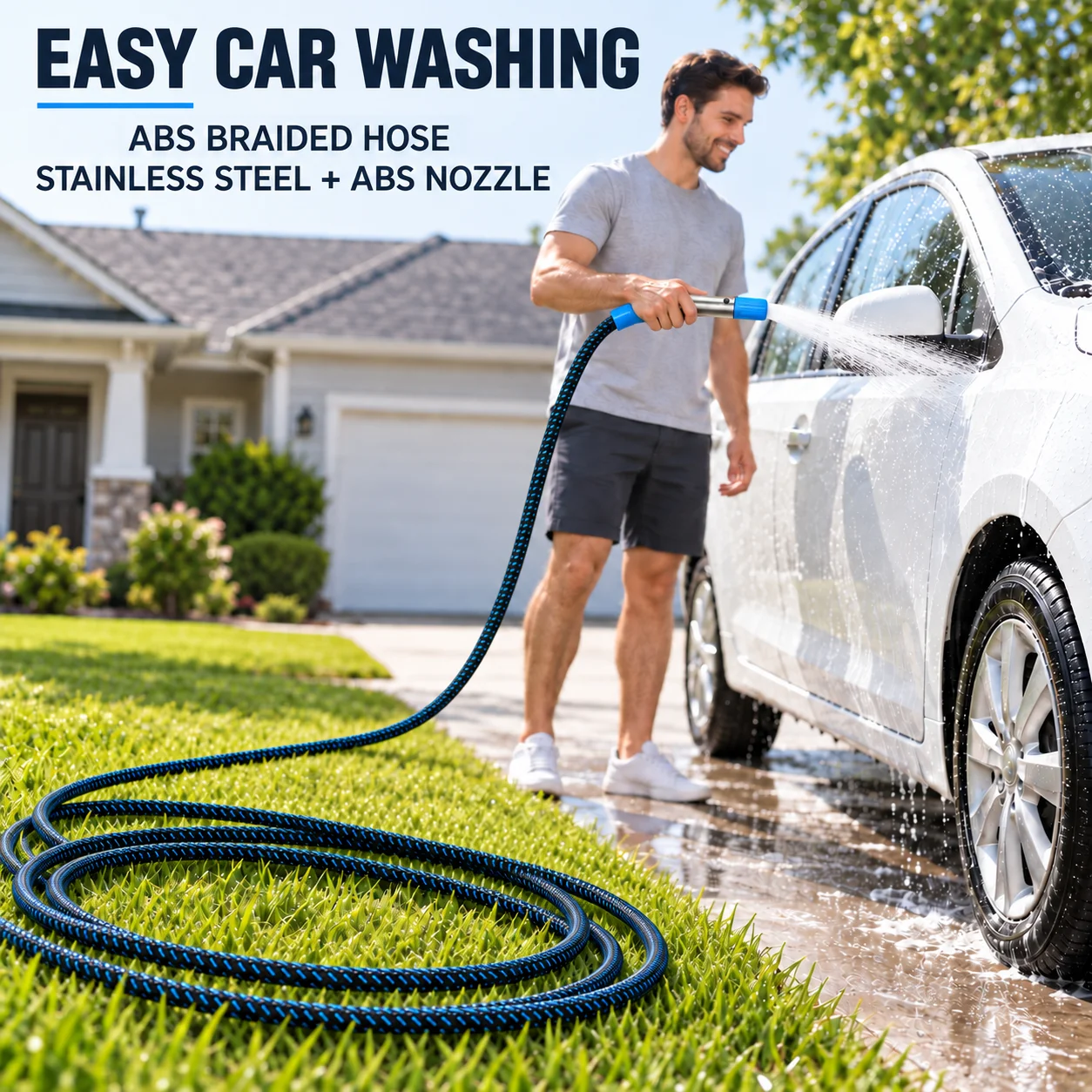 3/5/10/15/20m Braided Car Wash Hose with 2-Mode Stainless Steel & ABS Spray Nozzle, G1/2 Thread Garden Cleaning Water Hose