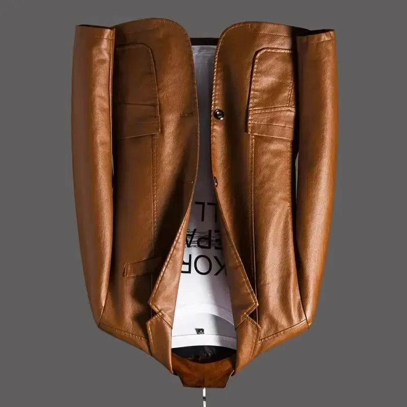 2026 Men's Leather Jackets Lapel Business Pu Blazers Men Solid Casual Slim Button-up Leather Coats Autumn Outwear Plus Size 6XL