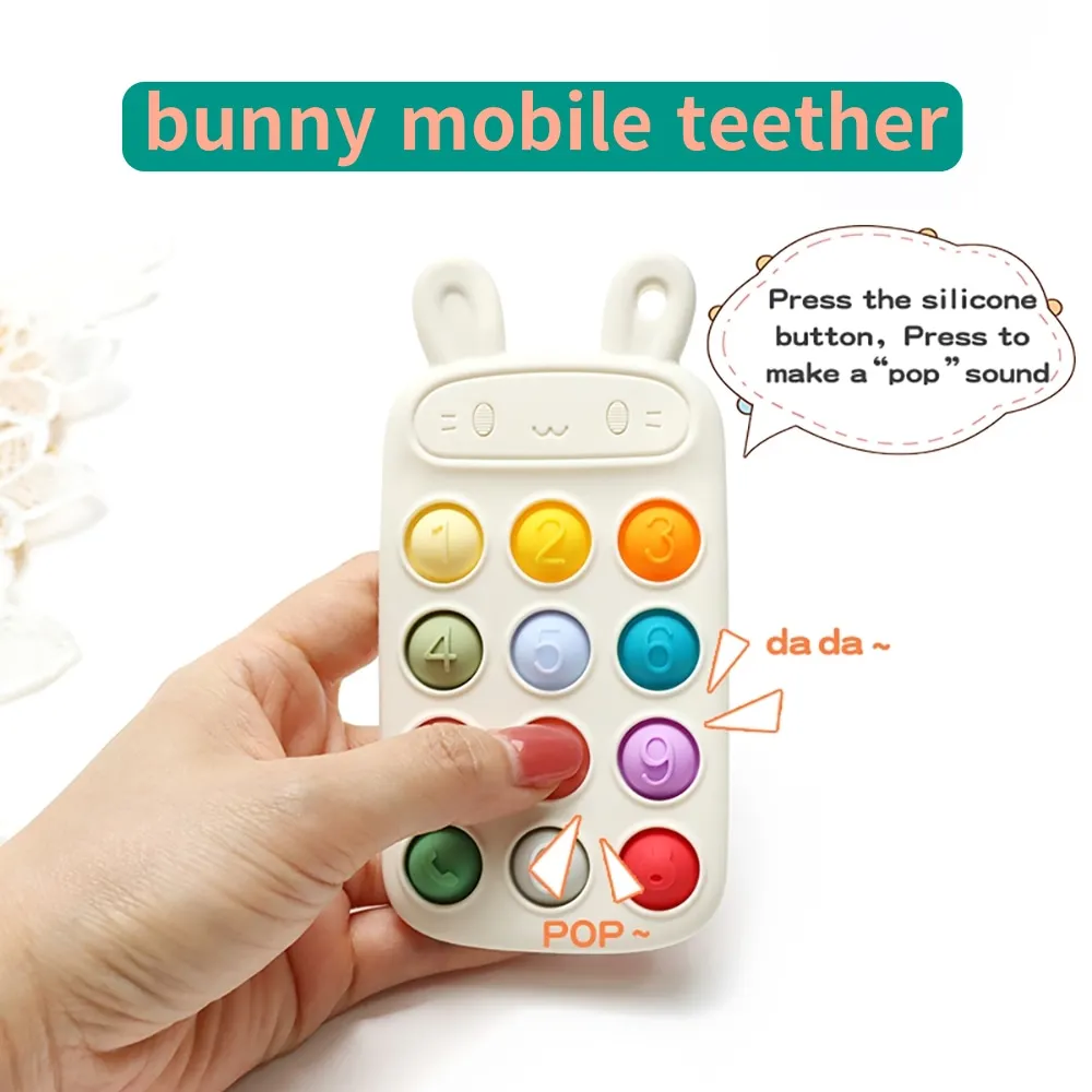 Baby Bunny Mobile Shape Silicone Push Pop Teether – White Chew Toy with Colorful Pop Chain, Baby Chewable Phone Toy