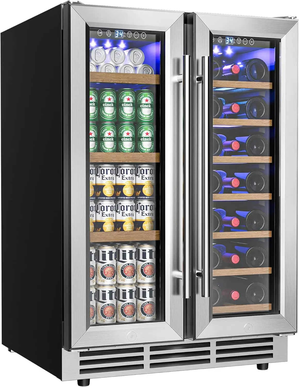 

Wine and Beverage Refrigerator, 24 Inch Dual Zone Wine Cooler with Glass Door Hold 21 Bottles and 88 Cans, Built in or Under