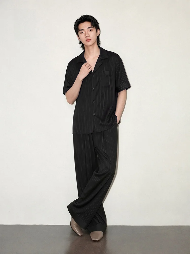 Men's Summer Ice Silk Short Sleeve Sleepwear Three-Piece Set Home Clothes Flash Silver Thread Cool Feeling Can Be Worn outside