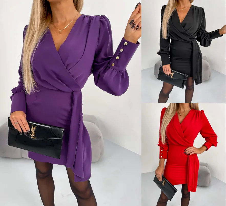 

Pure color long -sleeved V -neck zipper dress