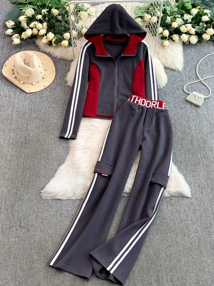 

Women's autumn winter American style retro contrasting striped zipper hooded jacket+high waist wide leg pants casual set