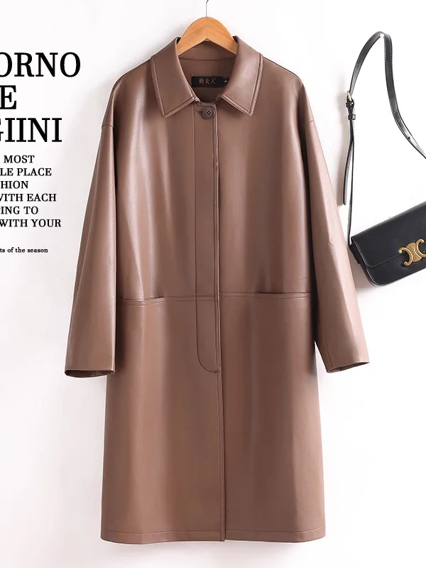 Women's Mid-Length Leather Coat eepskin Loose Fit Casual Sle Autumn New Arrival Faion Outerwear Long Sve  Collar
