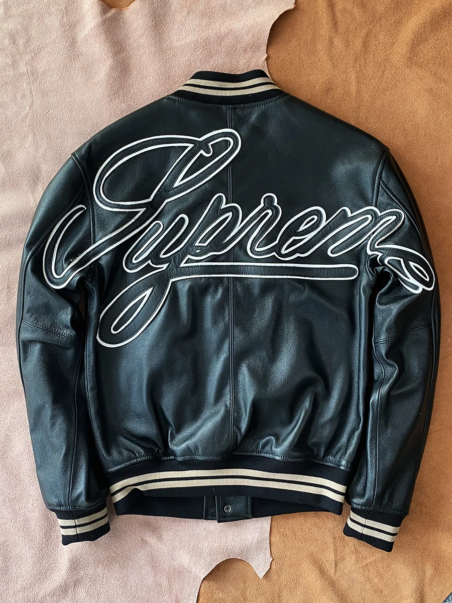 Casual Embroidered Top Layer Cowhide Leather Jacket Men's Motorcycle Loose Short Outerwear Windproof And Deformable