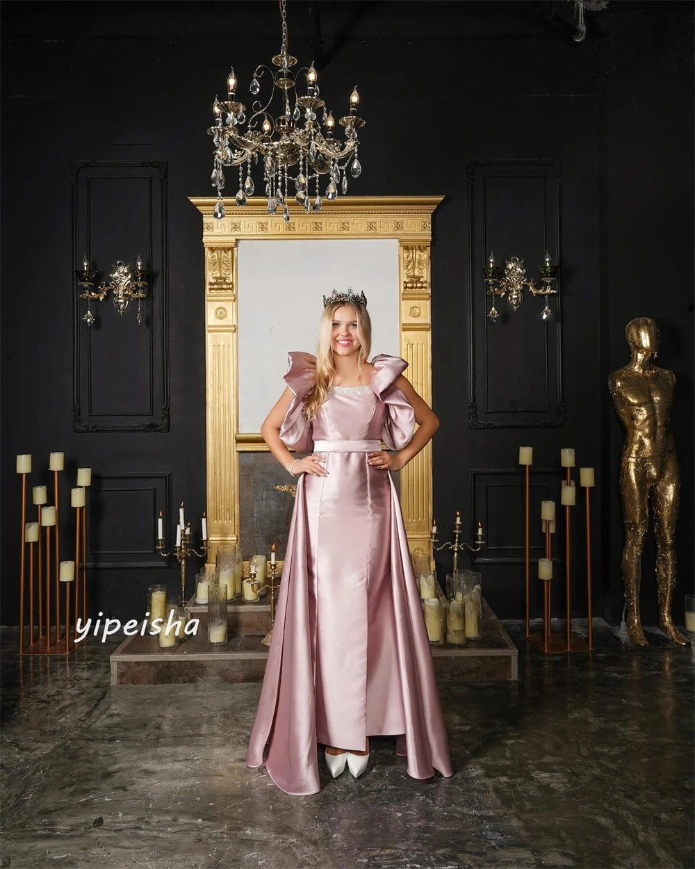 Satin Sequined Sash Ruched Valentine's Day A-line Square Neck Bespoke Occasion Gown Midi Dresses