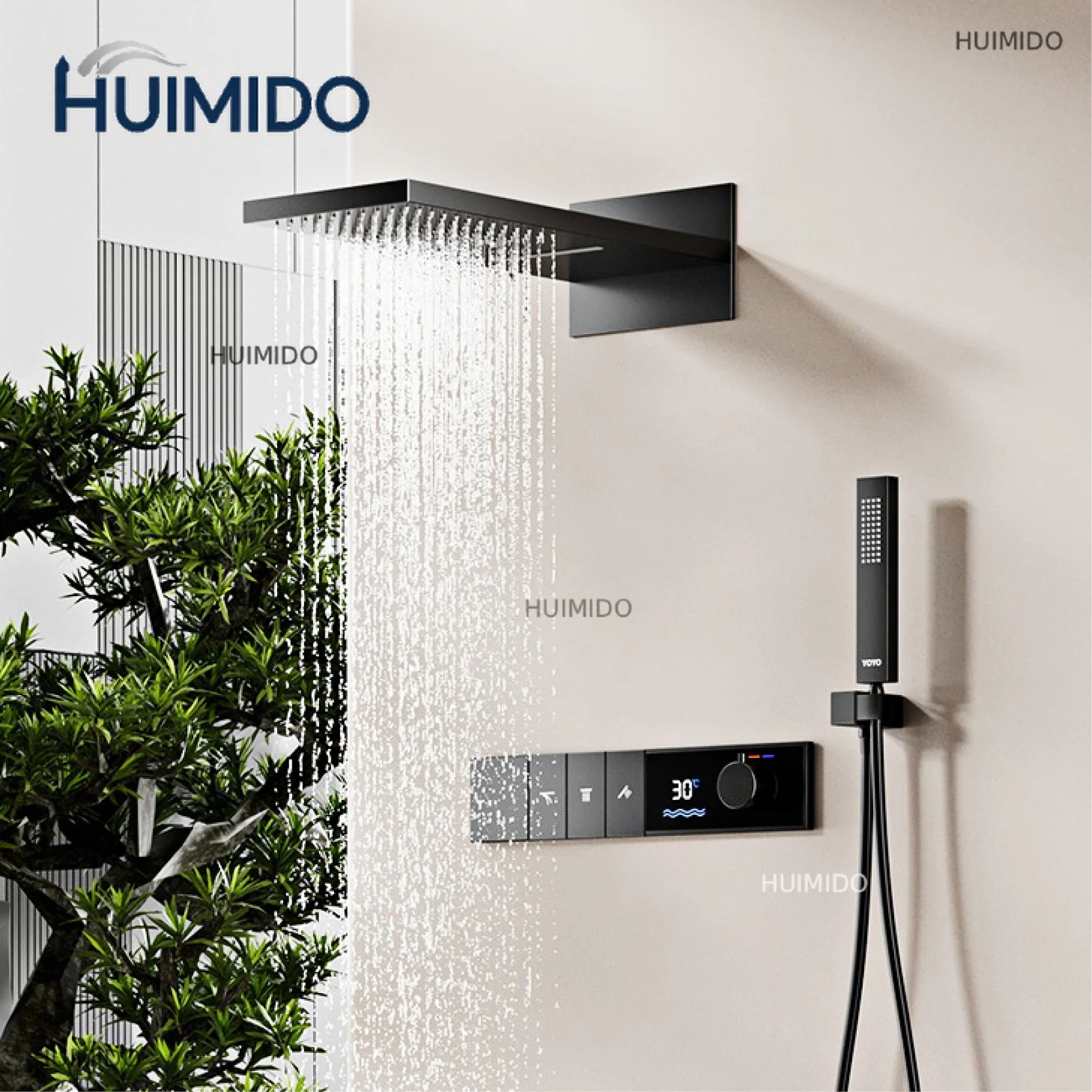 Brass Embedded LED Digital Display Shower System Wall-Mounted 2 Function Waterfall/Rainfall Bathroom Faucet