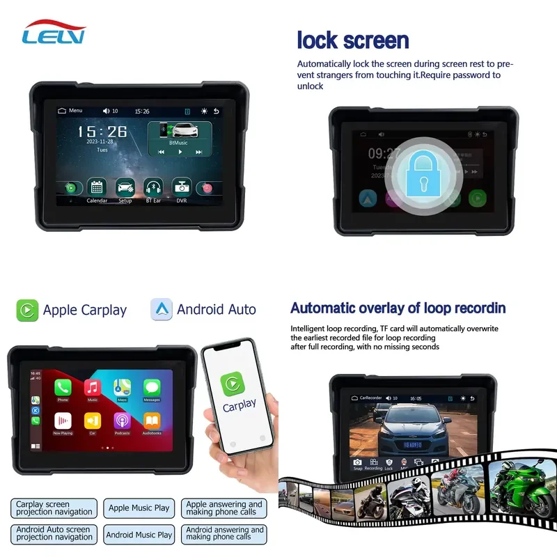 Lelv Portable Motorcycle Tpms Tire Pressure Dvr Dual Camera 1080p Touch Screen Bt Motorcycle Gps Wireless Carplay Android