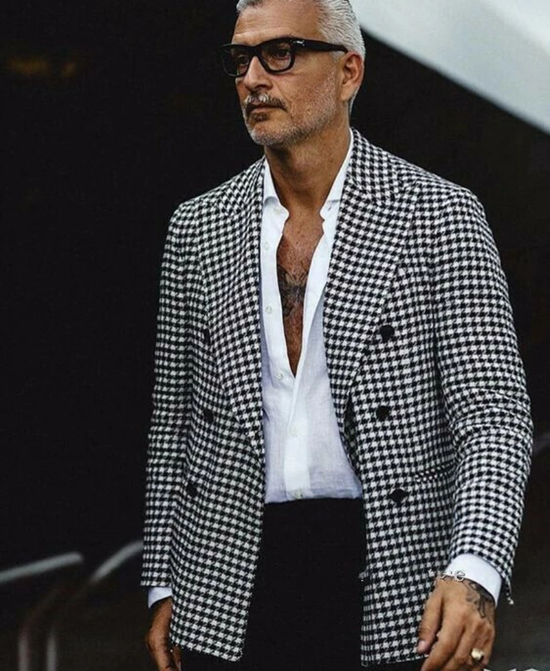 Plaid Wedding 6XL Blazer Houndstooth Men Suit Jacket Casual Slim Fit Double Breasted Coat Formal Business Male Only Blazer