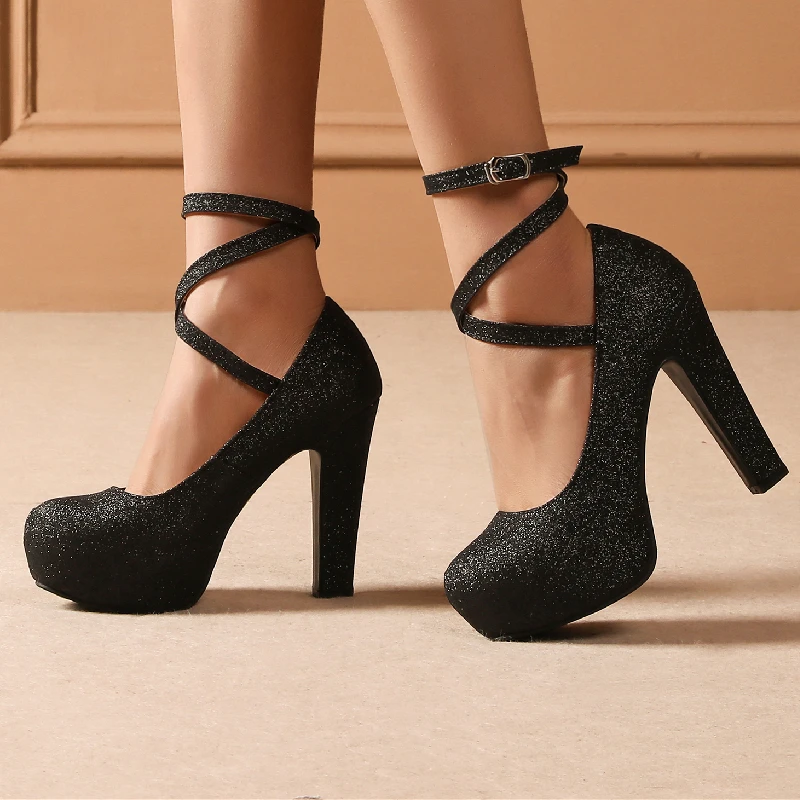 Platform Gold High Heels Women Pumps Shoes Spring Ankle Strap Silver Heeled Wedding Office Party Shoes Female Large Size 45 50