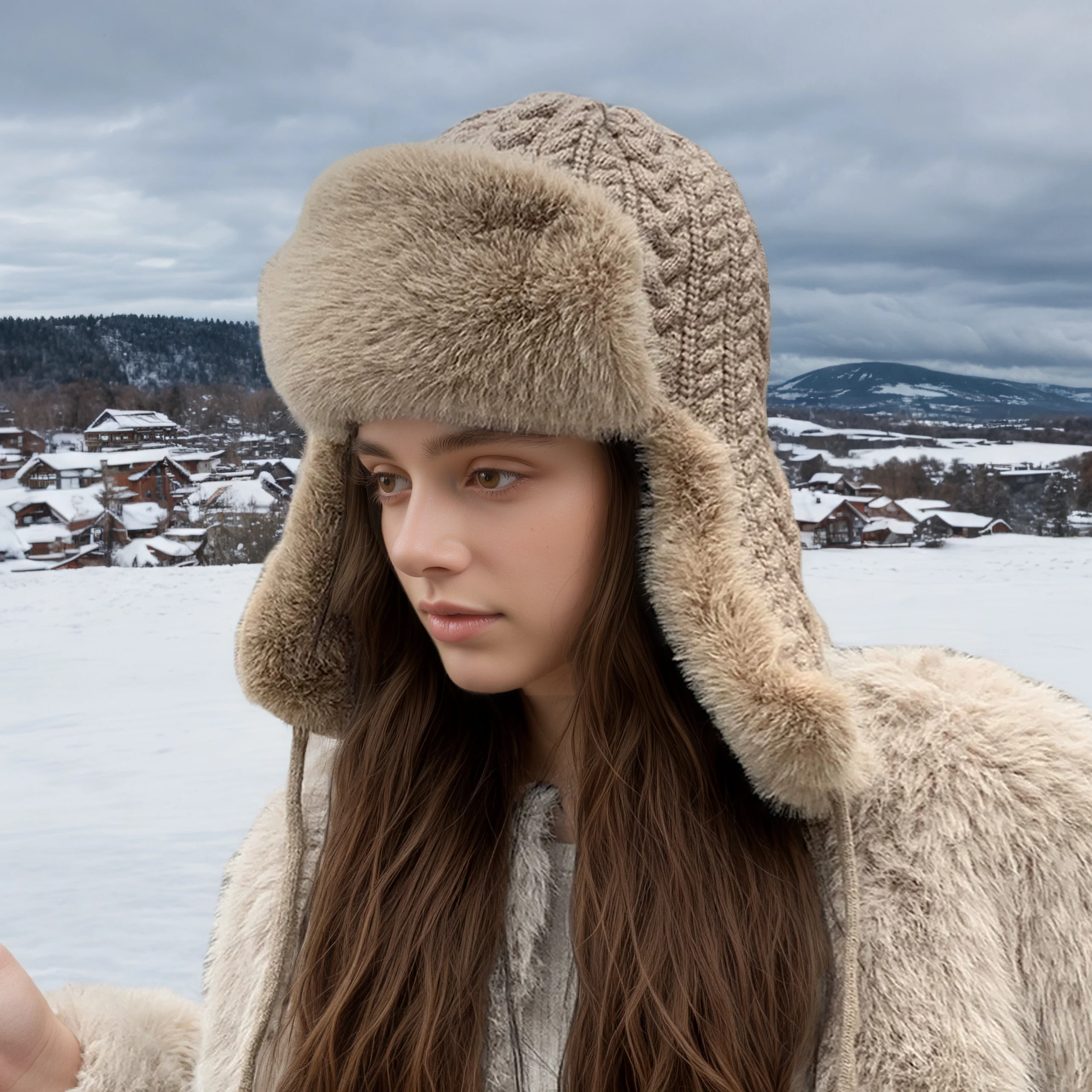 Women's Windproof Knit Hat with Extended Ear Flaps Korean Style Thickened Cycling Cap Tie-Fastened Winter Cap