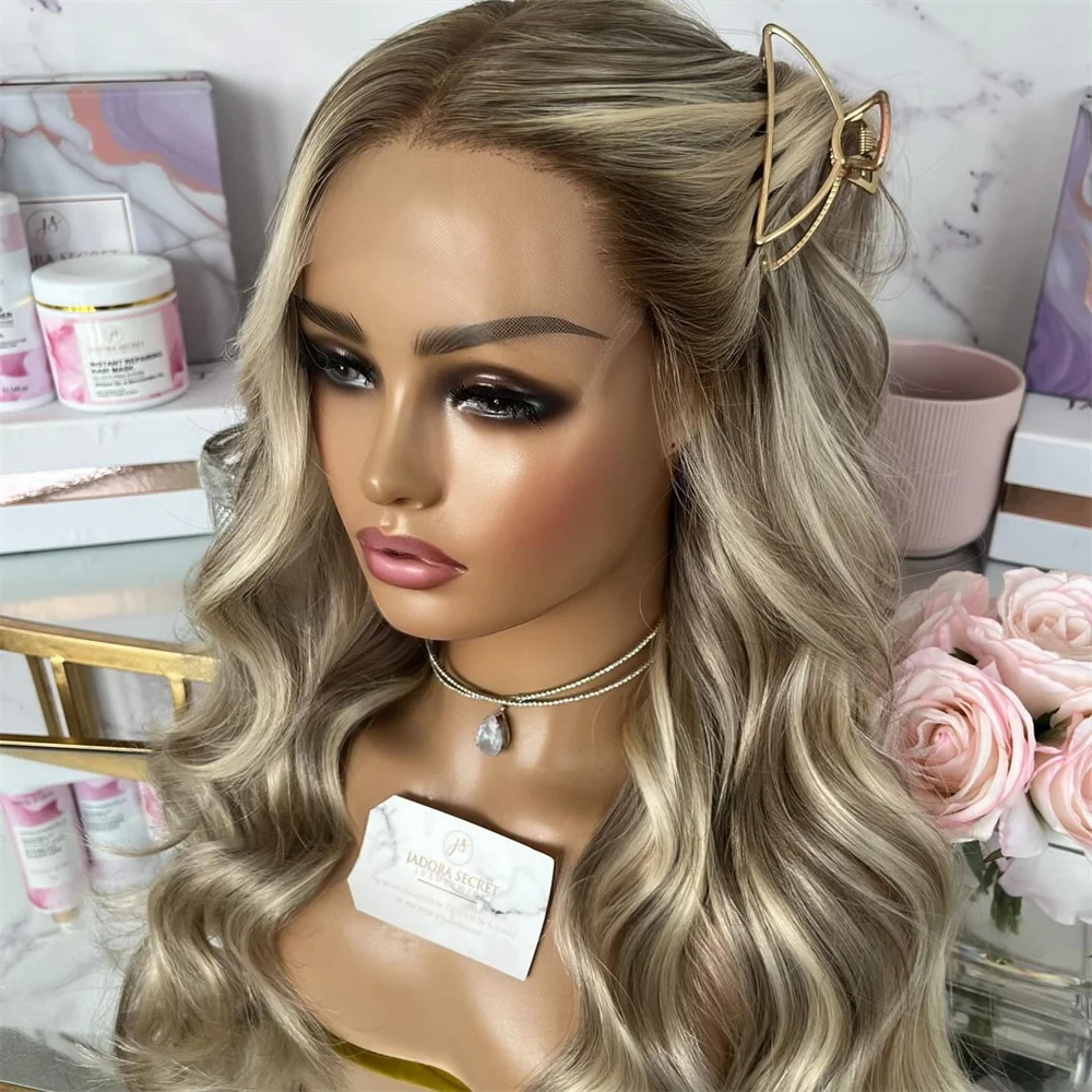 

Вьющийся волнистый парик спереди, пепельно-русый, женские парики, естественная линия волос, мягкие волнистые блики, синтетический парик, бесклеевой парик для вечеринок и вечеринок