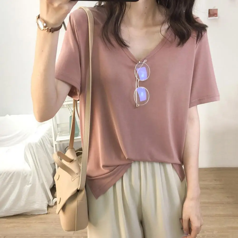 

Women T-shirt Summer V-Neck Short Sleeve Loose Fit Tee Shirt Solid Color Side Slit Hem Stretchy Pullover Tops Daily Wear 티셔츠