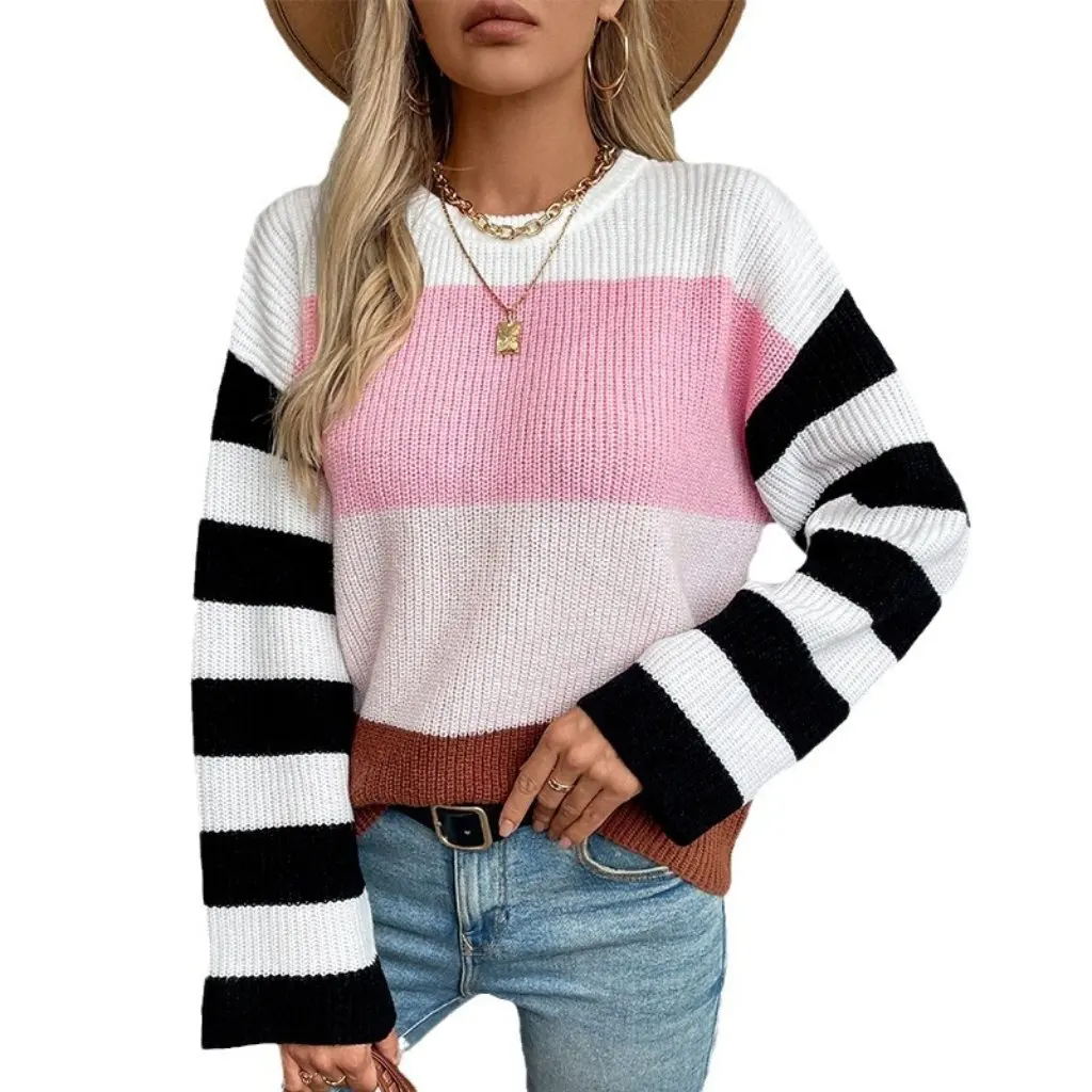 

Drizzle Women's Color Striped Turtleneck Sweater Style Casual Fashion Knitwear round Neck Autumn Winter