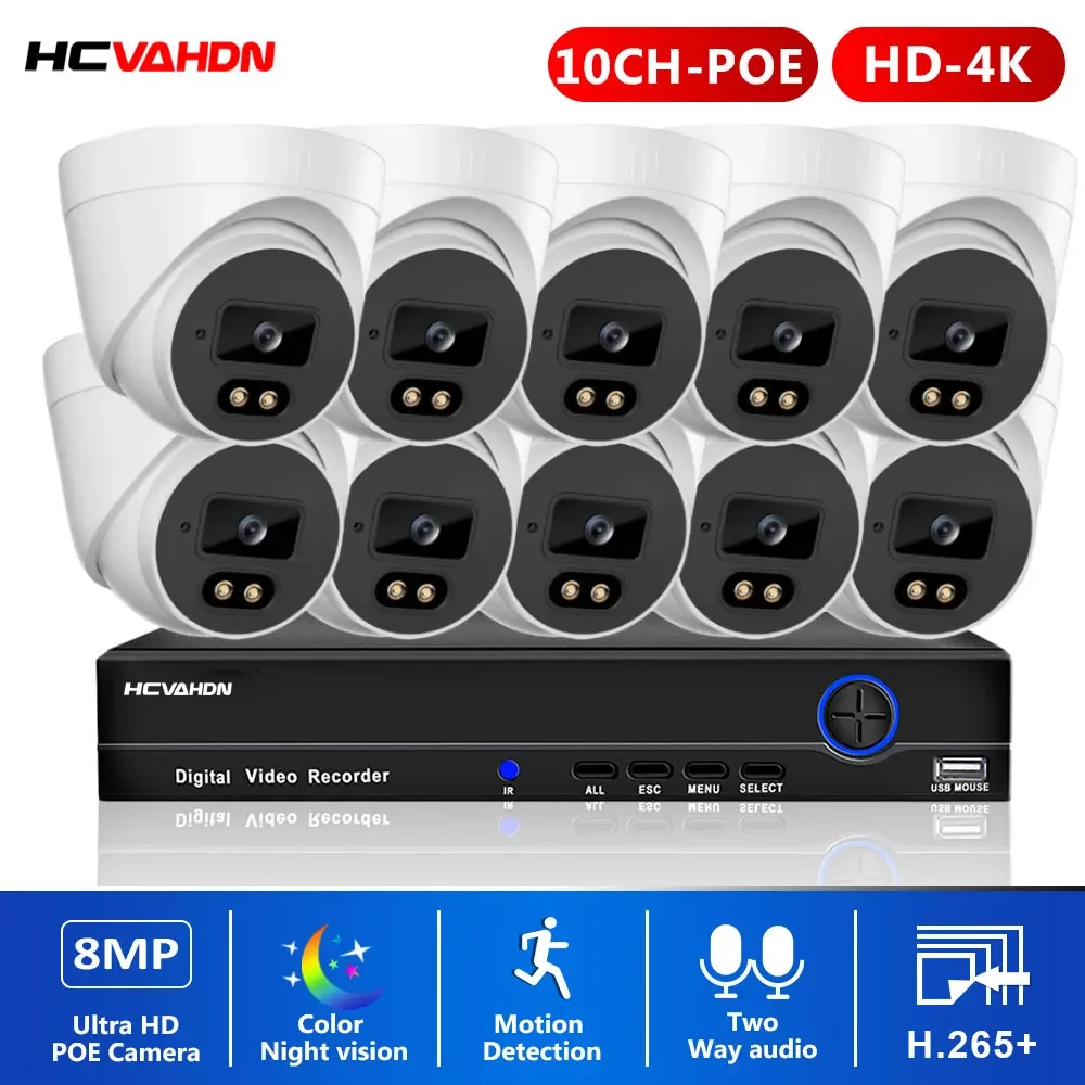 

CCTV Camera Security System Kit POE Color Night Vision 8MP 4K 10CH NVR Kit 2 Way Audio Dome Camera Video Surveillance System Set