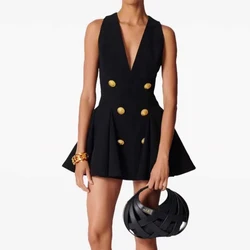 2024 Spring Summer Sexy Deep-V Neckline Lady Sleeveless Double-breaseted Office Solid Pleated Mini One-piece Dress For Women