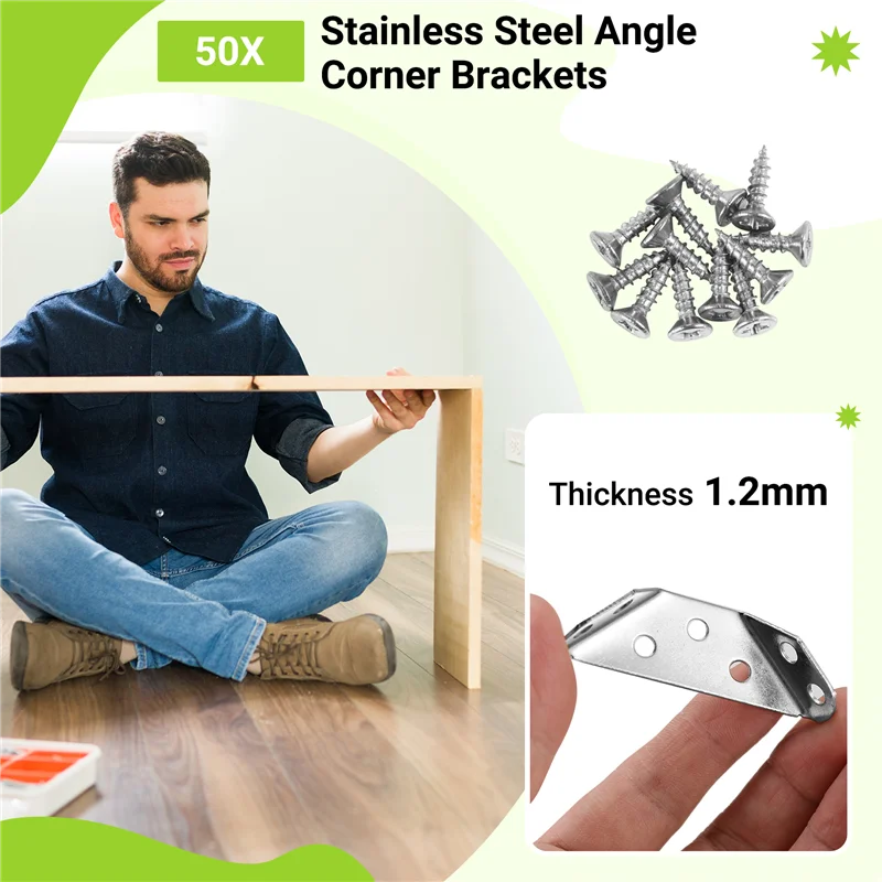 FAST-50PCS Stainless Steel Angle Corner Brackets Furniture Corner Connector Brace Joint For Fastener Bedframe Cabinet Drawer