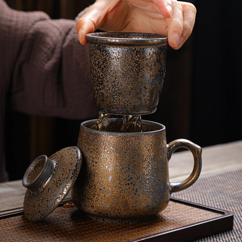 

Ретро-кружка в японском стиле из керамики для заваривания чая с разделителем для воды, для офиса, с крышкой, из толстого глиняного материала, 301-400 мл