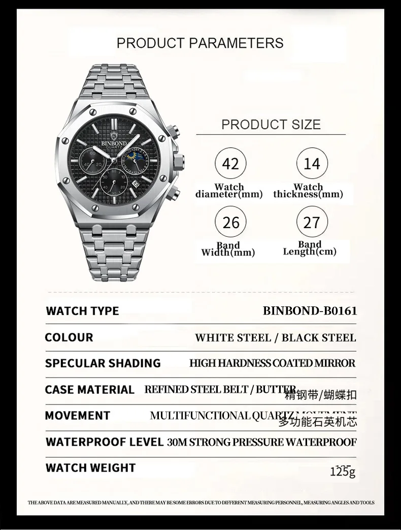 Top Marca Homem Relógio Casual Luxo Luminoso BINBOND B0161 Caixa Relógio De Pulso Aço Inoxidável Impermeável Homens Data Calendário Relógio