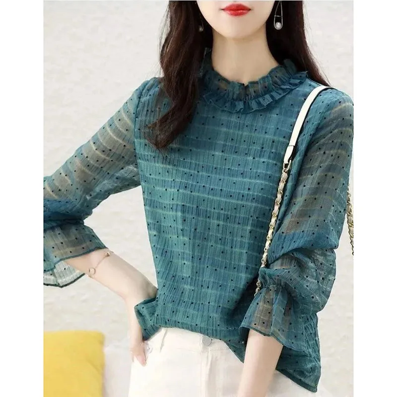 Elegante Ruches Gesplitste Losse Bolletjesblouse Dameskleding 2023 Zomer Nieuw Casual Pullovers Office Lady Flare Mouw Shirt