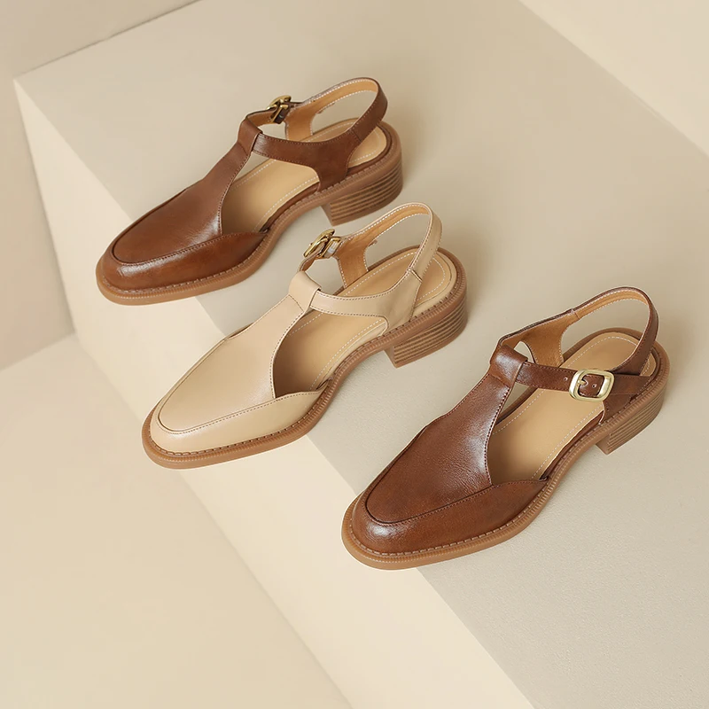 2023 Women Retro Sandals Shoes 4cm Thick Heels Genuine Leather Casual Style Shoes Women Elegant Sandals Casual LX72
