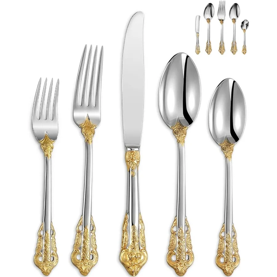 

Роскошный набор столовых приборов из нержавеющей стали 18–10, 45 предметов, для 8 посеребренных, с позолоченными акцентами, набор из серебра и посуды