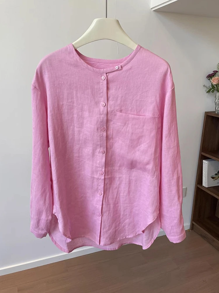 

Pink Linen Cotton irt Women's Spring Autumn Loose Long Sve Sun Protection Casual Faion round Ne Button up Top