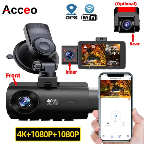 Acceo Full HD 4k Dash Cam 3 canales opcional coche DVR GPS incorporado WIFI 24h Monitor de estacionamiento 1080P cámara trasera grabadora de conducción