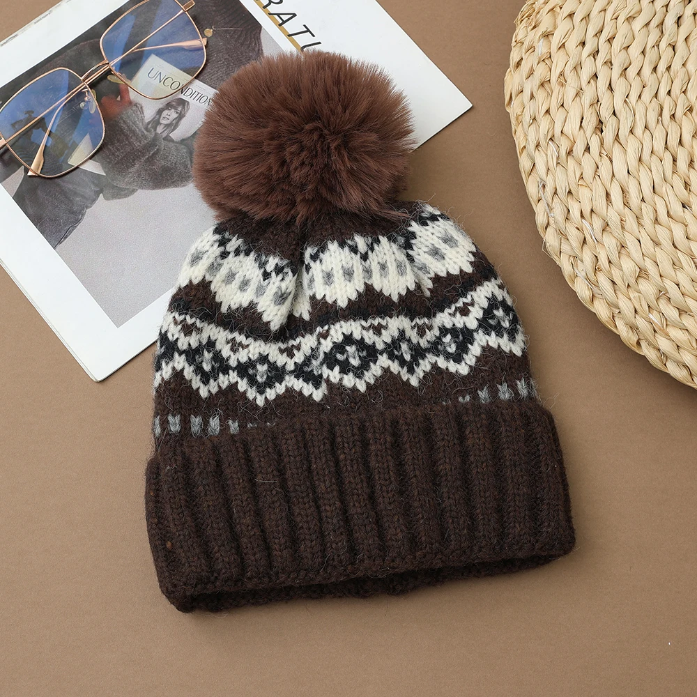 المرأة الشتاء قبعة دافئة غزل سميك جديد الجاكار قبعات منسوجة موضة الفراء الكرة قبعة زوجين قبعات #3