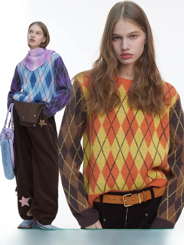 

Вязаный свитер DNT в стиле ретро с цветными блоками, круглым вырезом и ромбовидным узором, повседневный, универсальный, модный, новинка зимы 2025