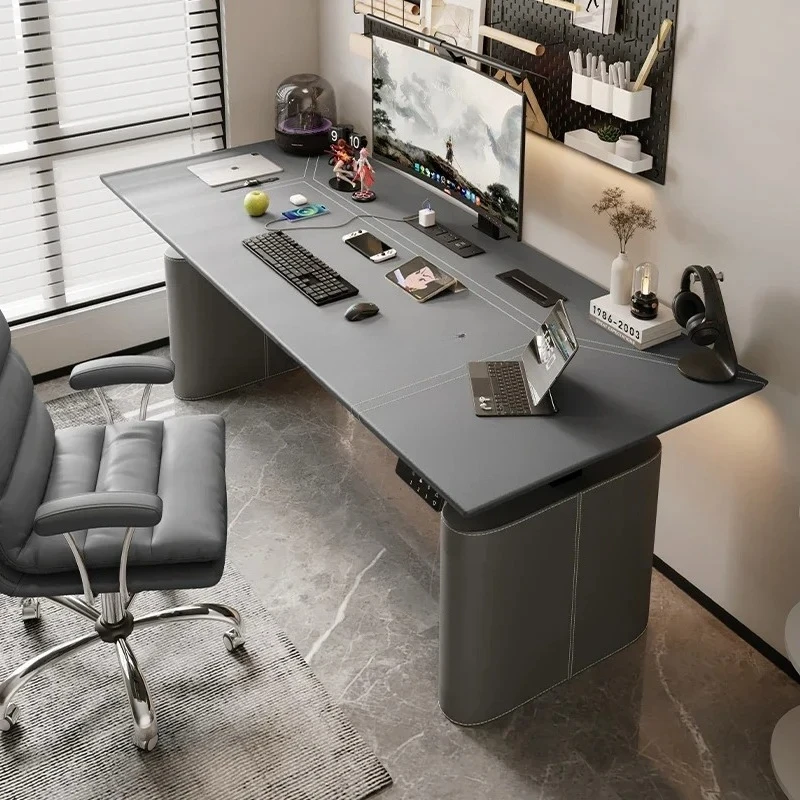 Leather surface light luxury computer desk worktable adjustable desk intelligent electric lifting table