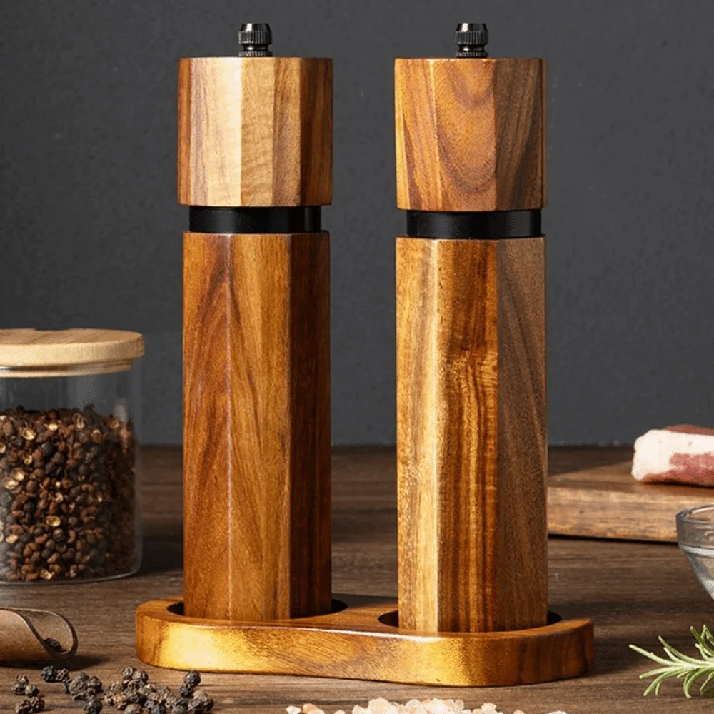 Acacia Wood Pepper Spice Mill Portable Adjustable Coarseness Pepper Salt Grinding Bottle Classical Refillable Spice Mill Bottle