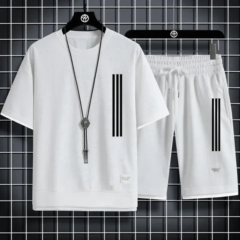 

2025 Men's casual linen T-shirt and shorts set, summer sportswear, short sleeves, round neck, casual, sportswear set