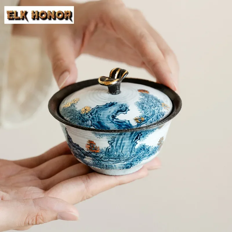 

100ml Hand-painted Blue and White Pine Gaiwan Creative Tea Tureen Tea Bowl with Lid Kit Tea Making Cover Bowl Teaware Decoration