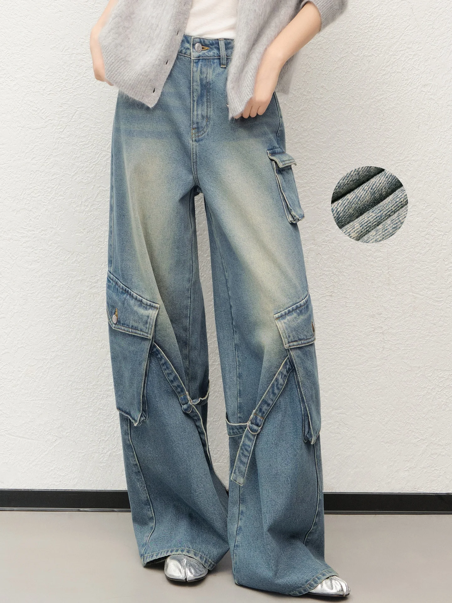 

Джинсы MeiYang Paratrooper с флисовой подкладкой, теплые, с высокой талией, рабочие брюки, повседневные, с эффектом потертости, высокого качества, женские