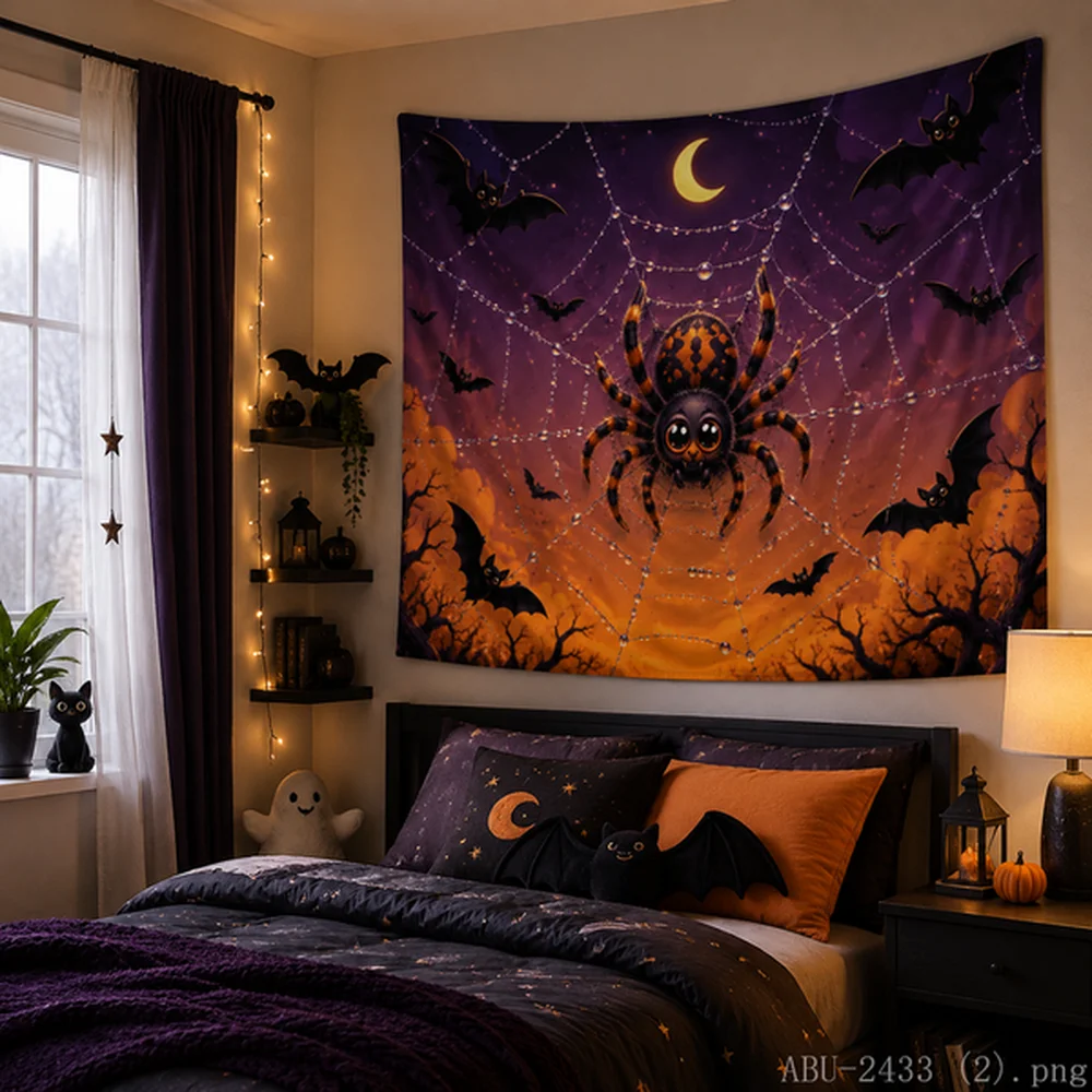 VIKAMA Halloween Tapestry – Kawaii Bats, Crescent Moon, Stars, Spider Web, Purple Night, Cute Room Decor