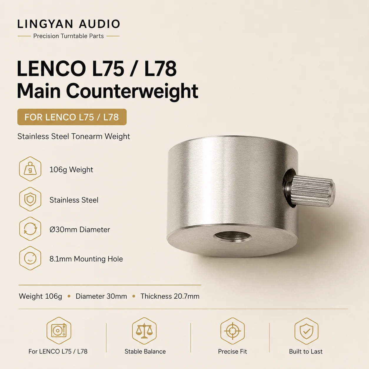 

LENCO L75 L78 Tonearm Counterweight 106g Stainless Steel Main Balance Weight for Turntable Parts
