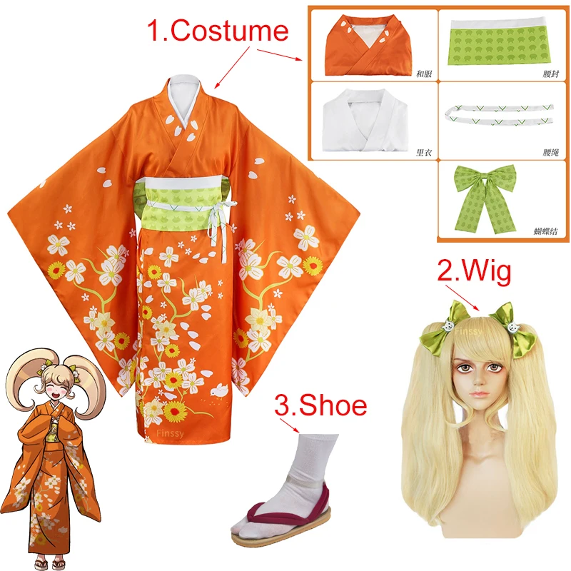 Anime Danganronpa Saionji Hiyoko Cosplay Costume Women's Festival Kimono Double Ponytail Wig Bow Headdress