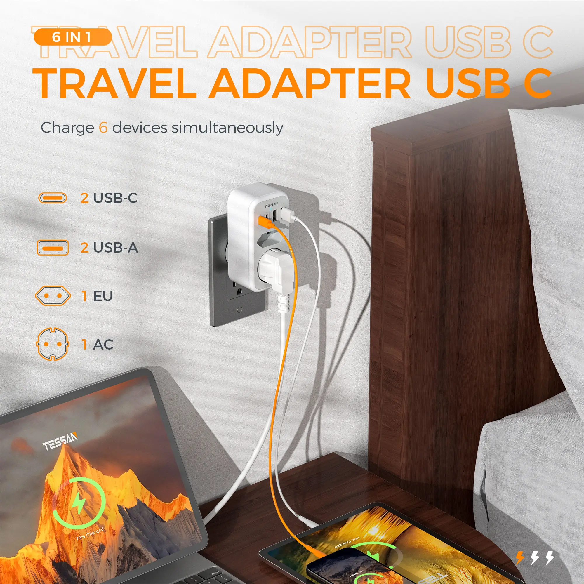 

TESSAN USB-адаптер для путешествий на стену с 1 евро 1 розеткой Schuko 2 USB A 1 типа C с несколькими настенными розетками для путешествий в отеле