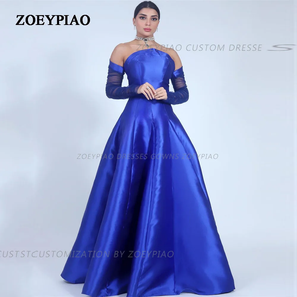 Vestido de baile sem alças com mangas completas, Azul Royal, A Line, Stain Party, Vestidos de celebridades, Vestido de casamento